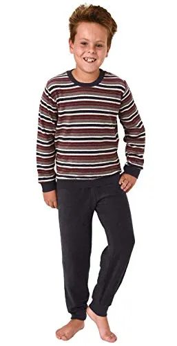 Jungen Frottee Pyjama Schlafanzug Langarm mit Bündchen - Oberteil gestreift - 291 13 576, Farbe:anthrazit, Größe:170/176