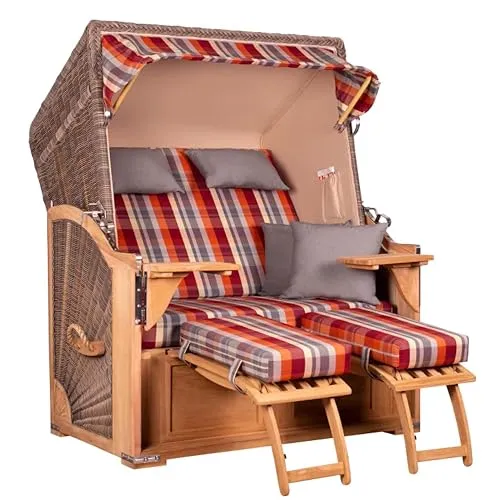 MR. DEKO® Strandkorb Seeblick 2-Sitzer Teakholz | PE Geflecht Grey | Volllieger verstellbar mit Fußablage | inkl. 4 Kissen + Wechselpolster | Strandkörbe Teak fertig montiert Strandstuhl (Dessin 584)