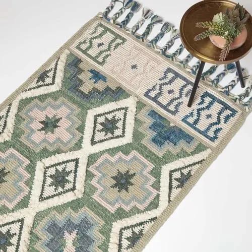 Homescapes Wollteppich Handgewebter Kelim Teppich Matala – 90 x 150 cm, blau-grün gemustert - Kurzflor-Teppich aus 85 % Wolle und 15 % Baumwolle, handgewebt mit geometrischem Muster, ideal für ein wohnliches Ambiente.