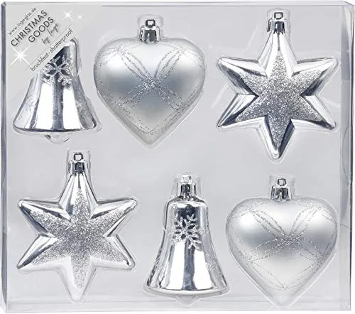 Magic 6 STK. Weihnachtskugeln Kunststoff 9cm Formen-Sortiment Glocke Herz und Stern Christbaumschmuck Weihnachtsdeko Weihnachtsschmuck Silber