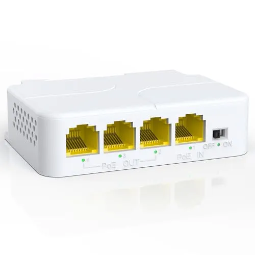 YuanLey 4 Port PoE Extender Gigabit mit 3 PoE Ausgängen, IEEE 802.3af/at Mini 4 Kanal PoE Repeater 1000Mbps, Wand und DIN-Schiene Montieren Passthrough POE-Verstärker/Booster, Plug and Play