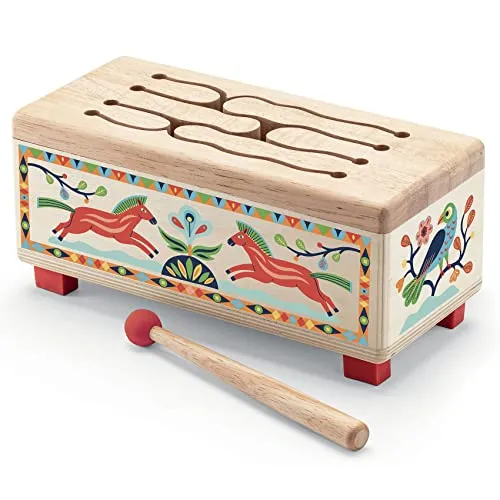 DJECO - Animambo Wooden Drum Spielzeug mit Sound, Mehrfarbig (36028) - Schlagzeug & Schlagwerk, aus ungiftigem Material, ideal für die Handhabung von Kindern und perfekt zur Dekoration des Kinderzimmers.