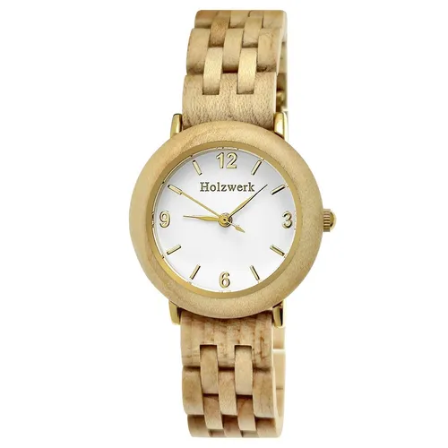 Holzwerk Quarzuhr FREITAL - Elegante Damen Edelstahl & Holz Armbanduhr in Beige und Gold - Armbanduhren mit spritzwassergeschütztem Quarz-Antrieb und modernem Design. Ideal für stilbewusste Frauen, die Eleganz und Natürlichkeit schätzen.