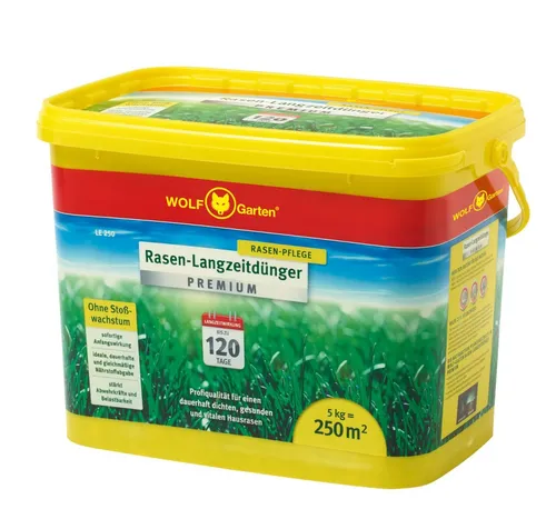 Wolf-Garten Dünger LE 250 - Premium Rasendünger mit 25% Cashback - Dünger für dichten, gesunden Rasen, Langzeitwirkung bis zu 4 Monate und ideal für Außenbereiche. Profiqualität, bewährt auf Golf- und Sportplätzen. 5 kg für 250m².