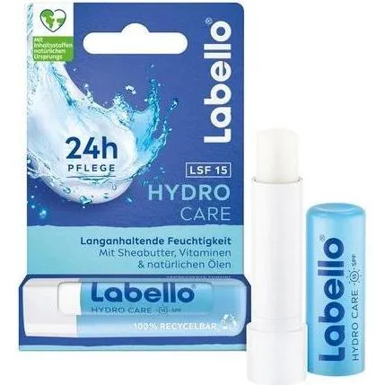 Labello Hydro Care im 1er Pack (1 x 4,8 g), Lippenpflege ohne Mineralöle für trockene Lippen, Lippenpflegestift mit LSF 15 und Sheabutter für pflegenden Lippenschutz