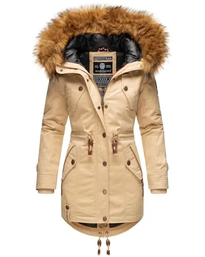 MARIKOO warme Damen Winter Jacke Winterjacke Parka Mantel Kunstfell Kapuze B813 [B813-Lav-Pri-Beige-Gr.XS]