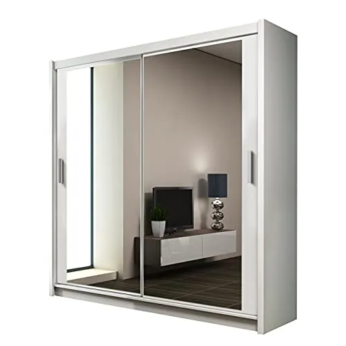 Kleiderschrank mit Spiegel Paries, Modernes Schwebetürenschrank, Schiebetür, Schlafzimmerschrank, Schlafzimmer (160 cm, Weiß/Spiegel)