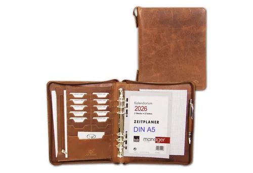 ALMADIH Ledermappe A5 - Premium Leder Organizer für Kalender 2025 - Personal Organizer aus hochwertigem Rindsleder mit Ringmechanik, ideal für Meetings. Inklusive A5 Schreibblock und vielseitigen Fächern für Visitenkarten und Dokumente.