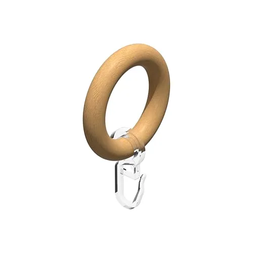 Interdeco Gardinenstangen Ringe mit Faltenhaken/Gardinenringe in Buche Holz für 20 mm Ø (10 Stück)
