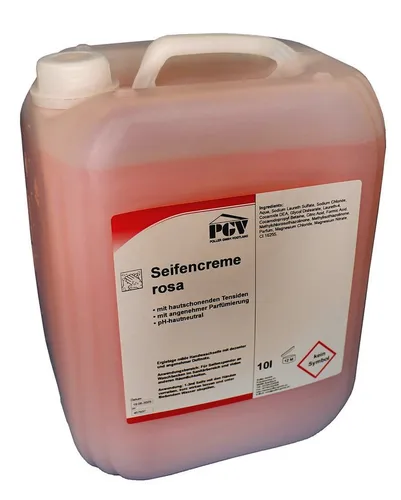 Flüssigseife Seifencreme ROSA, 10 Liter - Hochwirksame Flüssigseife im 10-Liter-Kanister, ideal für Seifenspender. Hautschonend und parfümiert, sorgt sie für gründliche Reinigung in Sanitärbereichen und anderen Räumen.