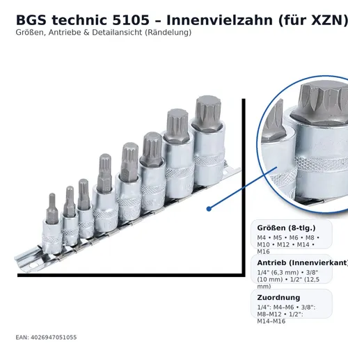 BGS Vielzahn-Nüsse Steckschlüssel-Satz 8tlg  M4 - M16 Innenvielzahn für XZN