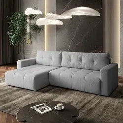 Gepolstertes Ecksofa ASTON mit Schlaffunktion - Hellgrau - Sofa in L-Form mit Schlaf-Funktion und Stauraum für Bettwäsche, ideal für moderne Wohnzimmer und gemütliche Entspannung.