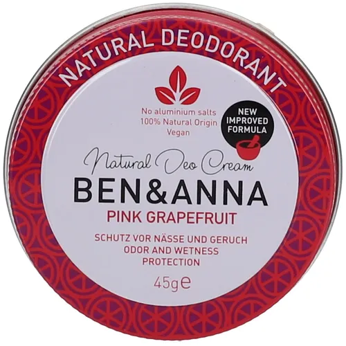 Ben & Anna Natural Deodorant Tin Pink Grapefruit - Veganes Deodorant in Aluminiumdose, bietet zuverlässigen Schutz vor Nässe und Geruch. Mit erfrischendem Pink Grapefruit Duft und pflegenden Inhaltsstoffen, ideal für empfindliche Haut.