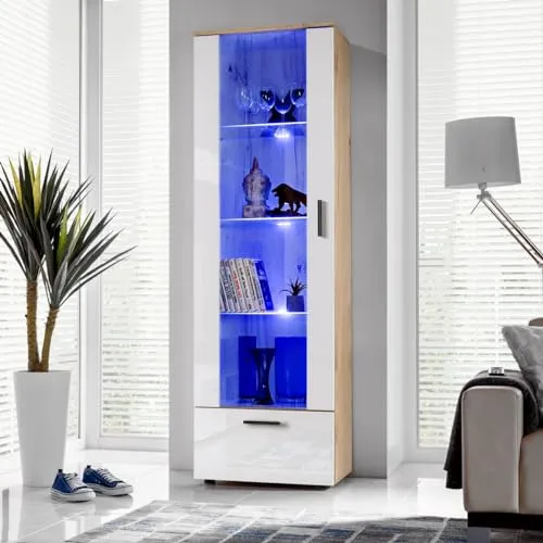 Komodee, Vitrine Schrank Alessandria, Wotan/Weiß, Breite 60cm x Höhe 192cm x Tiefe 42cm, LED Blau, 3 Glasböden, 1 Regal aus laminierter Platte, für Wohnzimmer, Schlafzimmer