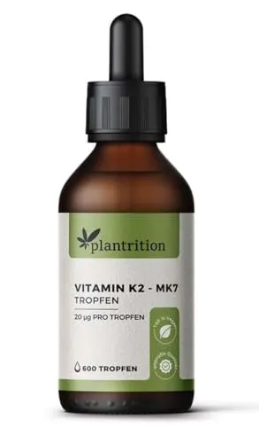 plantrition Vitamin K2 Mk7 Tropfen Vegan (100 µg pro Portion) 600 Tropfen Vitamin K2 Öl Natürliches Menaquinon MK-7 99% All-Trans (20ml) - Verpackung kann variieren