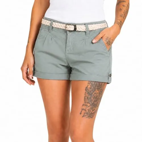 Sublevel Damen Shorts kurz Sommer – leichte Freizeithose Basic Hotpants bequem Casual Kurze Stoffhose Damen Urlaub Strand – Mineral Green S