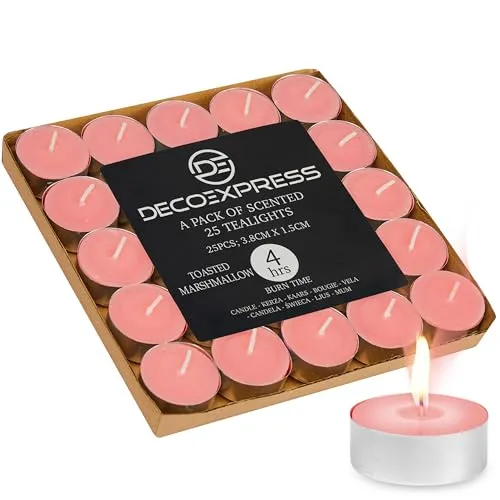 DECO EXPRESS Teelichter Großpackung, 24, 25, 50, 100 oder 200 Teelichter Lange Brenndauer 4, 8 oder 10 Stunden (Gerösteter Marshmallow 25/4 Stunden)
