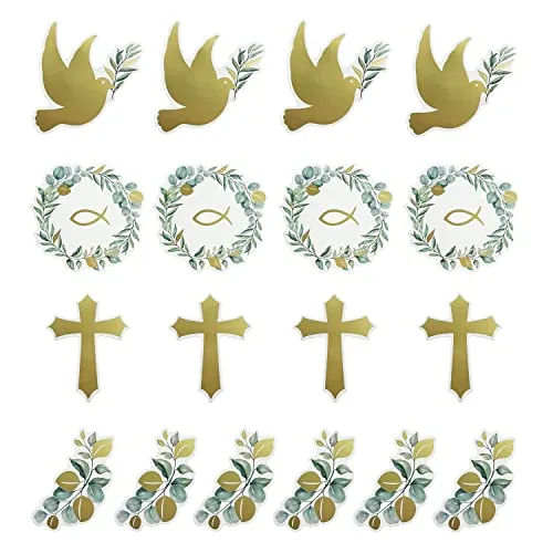 Oblique Unique® Konfetti Set 18 teilig Fisch Kreuz Taube Zweig in Gold Grün als Tischdeko für Taufe Kommunion Konfirmation Hochzeit Deko Taufdeko
