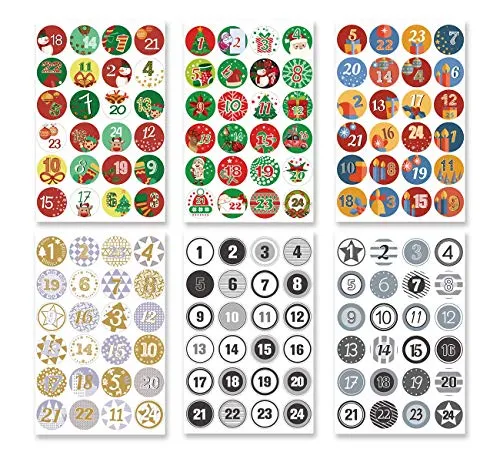 ABSOFINE 6 x 24 Adventskalender Zahlen Aufkleben runde Zahlenaufkleber Ø4 cm Weihnachtskalender zum Basteln Dekorieren Geschenk Selbermachen