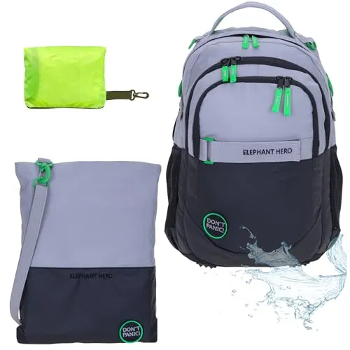 Elephant Schulrucksack Jungen Mädchen ab 3. Klasse Schule Tasche Brustgurt Schultasche Rucksack mit Sportbeutel Attach Bag und Regenhülle Premium 3 Teile Set Auswahl rtp (Color Block Grau Grün 13047)