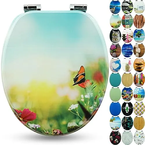 Sanfino WC-Sitz „Butterfly Meadow“ - Toilettendeckel aus hochwertigem Holz mit Absenkautomatik, bietet hohen Sitzkomfort und individuelle Designs für Ihr Badezimmer.
