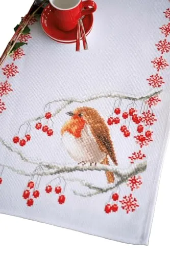 Vervaco Stickpackung Tischläufer Zählmusterpackung Kreuzstich Rotkehlchen Stickläufer zum Selbersticken Stickset Weihnachten Kreativ Set für Erwachsene 32 x 84 cm Kreatives Geschenk