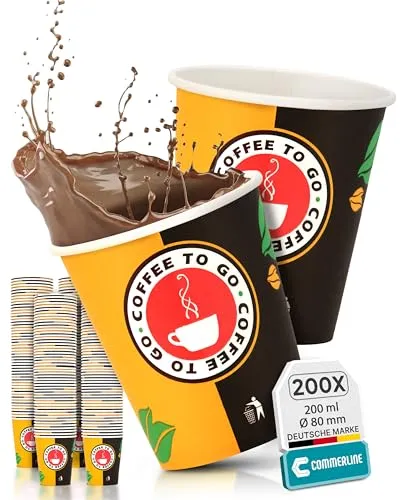 Commerline 200 Stück 8oz/200ml Kaffeebecher to go | Pappbecher Cups Coffee to Go Becher | Kaffee to+go Papierbecher Hartpapier Einwegbecher | Einweg Becher für Kafee/Tee