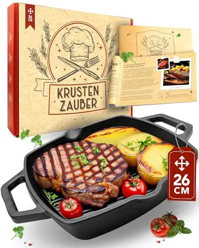KRUSTENZAUBER 26cm Grillpfanne Induktion - Vielseitige Gusseisenpfanne für perfekte Grill- und Bratergebnisse - Pfannen - Die 26cm Gusseisenpfanne mit Doppelgriff sorgt für saftige Steaks und knusprige Bratkartoffeln auf allen Herdarten, einschließlich Induktion. Ideal für gemeinsames Kochen und Essen.
