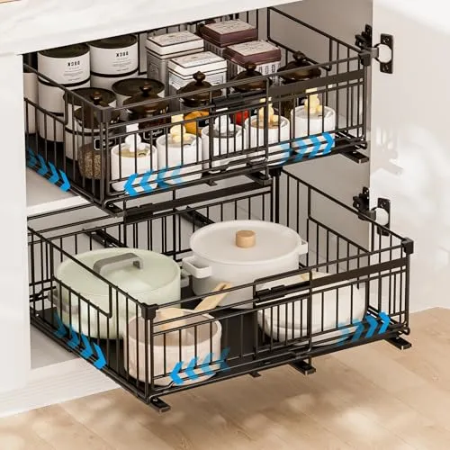 Carastek 2 Stück Teleskopschublade Ausziehbare Schublade Küche Schubladen Küchenschrank Organizer Küche mit Klebestreifen Ausziehbar Schrank Organizer Kein Bohren Expandierbare Breite 33-50*38*17cm