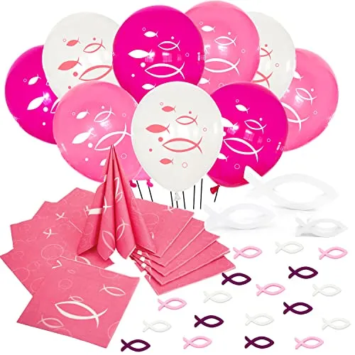 Oblique Unique® Deko Set für Taufe Kommunion Konfirmation Mädchen - 10 Luftballons + 18 Holz Fische + 3 Deko Fische + 20 Servietten - Rosa Pink Weiß