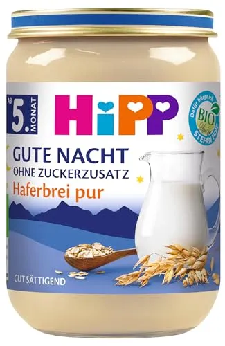 HiPP Bio Milchbrei Gute Nacht Haferbrei pur (6 x 190g), Babybrei ab 5. Monat, Abendbrei ohne Zuckerzusatz, gut sättigend