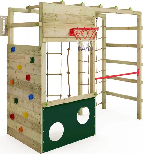 FATMOOSE Klettergerüst CleverClimber – Multifunktionales Klettergerüst mit Basketballkorb - Vielseitiges Klettergerüst in Grün mit Kletterwand, Strickleiter und Reckstange. Ideal für kreativen Spielspaß im Freien, extrem witterungsbeständig mit 10 Jahren Garantie.
