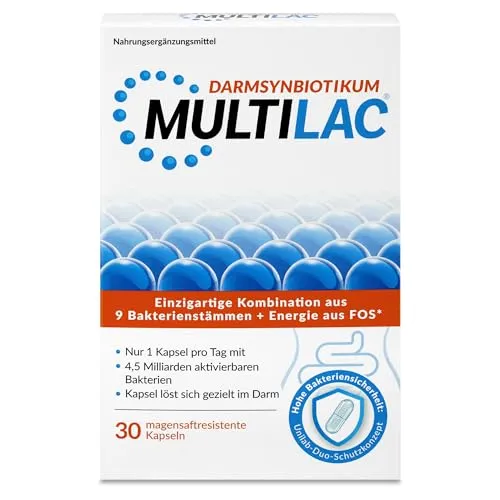 MULTILAC Darmsynbiotikum – 9 Bakterienstämme mit FOS für die Darmflora mit 4,5 Mrd. KBE pro Kapsel, magensaftresistente Kapseln, vegan, gluten- & laktosefrei, ohne Titandioxid, 30 Kapseln