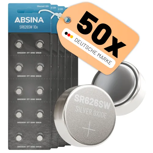 ABSINA SR626SW Uhrenbatterie 1,55V Silberoxid 5x 10er Pack - Knopfzelle SR626SW