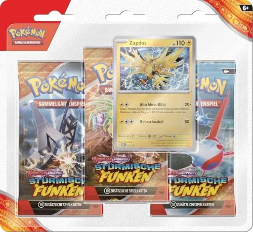 Pokemon TCG 3-Pack Blister Stürmische Funken mit Zapdos - TCG OVP Packs mit 3 Booster-Packs, ideal für Sammler und Spieler. Enthält den legendären Charakter Zapdos aus der Edition Pokémon Karmesin & Purpur.