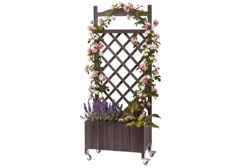 COMHOMA Blumenkasten mit Rankgitter und Rollen - Kombinierter Pflanzkasten mit stabilem Rankgitter für Kletterpflanzen. Wetterbeständig, mit Drainagelöchern für optimale Luftzirkulation. Beweglich dank 360° Rollen, ideal für Garten, Terrasse oder Balkon. Maße: ca. 116 x 49 x 28 cm.