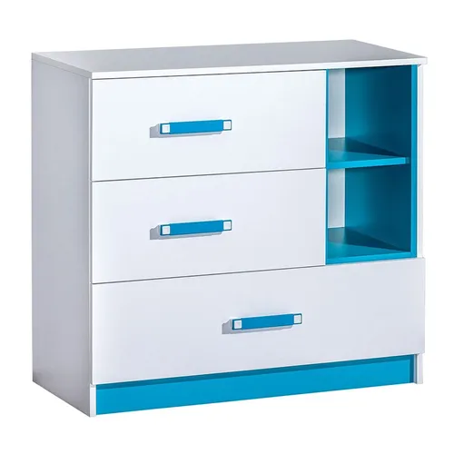 Schubladenkommode Trafiko 90cm in Weiß und Türkis - Moderne Kommode mit 3 Schubladen, ideal für Kinderzimmer oder Gästezimmer. Bietet viel Stauraum und verleiht jedem Raum eine fröhliche Note.