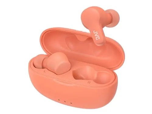 JVC HA-A7T2-PE Peach In-Ear-Kopfhörer - Stylische orangefarbene Bluetooth-Kopfhörer mit hervorragendem Klang und bequemem Sitz – ideal für Musikliebhaber unterwegs.