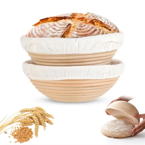 Gärkörbchen Set 2-teilig, Gärkörbchen Rund 23 cm Leinenfutter, Gärkorb Brot | Waschbares Leinen, aus Hochwertigem Rattan gefertigt, Geeignet für 1 kg Teig, Ideal für Profi- und Hobbybäcker