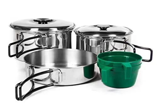 Campfrei 2 Personen Edelstahl Kochtopf-Set - Vielseitiges Geschirr-Set für Camping und Outdoor, inklusive 5-teiligem Kochgeschirr mit antihaftbeschichteten Töpfen und hitzebeständigen Griffen für sicheres Kochen.