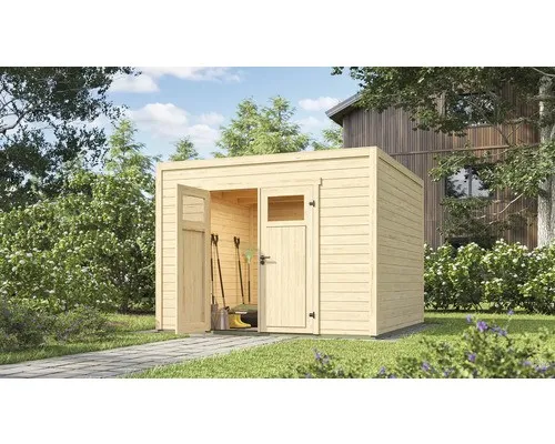 Weka Gartenhaus Batu 3 Flachdach Doppeltür 300x300 cm - Holz-Gartenhäuser in moderner Kubusform, ideal als Hobbyraum oder Stauraum, mit stabilen 28 mm Wänden aus nordischer Fichte und breiter Doppeltür für einfachen Zugang.