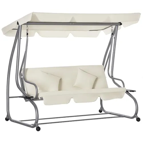 Outsunny Schaukelstuhl 3-Sitzer Gartenschaukel Hollywoodschaukel mit Sitz- und Rückenlehnen Tablett Schwingbank Sitzbank Dachwinkel verstellbar Stahl Polyestergewebe 200 x 120 x 164 cm Beige