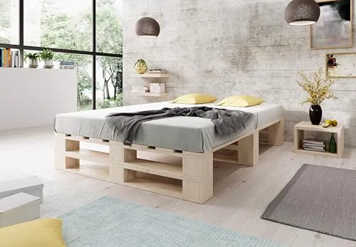 Lermowood Palettenbett M2 aus Holz 180 x 200 cm Natur mit Lattenrost Holzbett 30cm Stabiles Seniorenbett Kinderbett Jugendbett Gästebett erhöhtes Einzelbett Bettgestell Futonbett Komforthöhe Naturholz