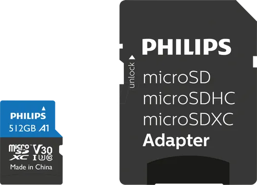 Philips MicroSDXC Card 512GB Class 10 UHS-I U3 - Speicherkarten, 512GB Speicherkapazität für schnelle Datenübertragungen und ideal für Smartphones, Tablets und Kameras.