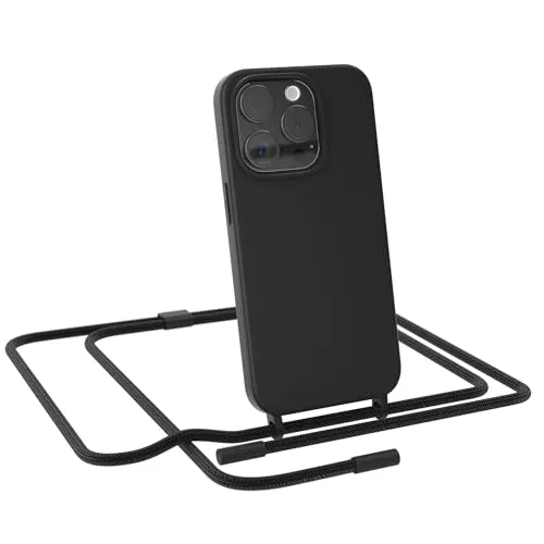 EAZY CASE - Handykette kompatibel mit iPhone 15 Pro - dünne Handyhülle Hülle mit Band als Fallschutz Kette zum Umhängen stoßeste Hülle Silikon mit Mikrofaser in Schwarz