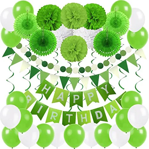 ZERODECO Geburtstagsparty-Dekoration, Happy Birthday Banner mit 4 Papierfächern, Seidenpapier, 6 Papier-Pompons, Blume, 10 hängende Wirbel und 20 Luftballons für Geburtstagsparty-Dekorationen – Grün