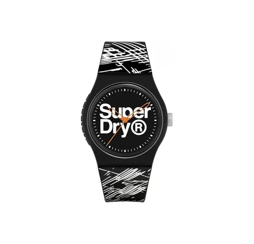 Superdry Urban Etch Quarzuhr - Armbanduhren mit sportlichem Design, 38 mm Gehäuse, flexibles Silikonarmband für hohen Tragekomfort und auffällige orange Zeiger auf schwarzem Zifferblatt.