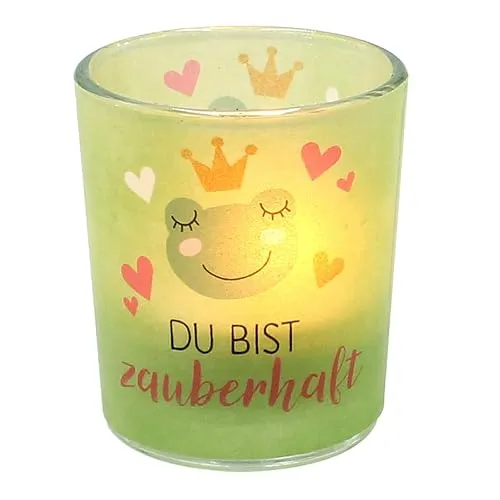 Windlichtglas mit Motiv auf Einer transparenten Banderole, inkl. 1 Teelicht, H/Ø: 6,5 x 6 cm, Motiv: Du bist zauberhaft.