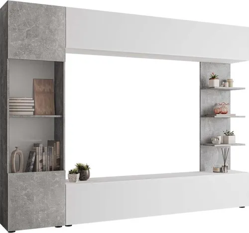 MIRJAN24 Wohnwand Lazando - Komplett-Set mit Hängeschrank, Vitrine & TV-Lowboard - Moderne Wohnwand in Weiß/Beton, hochwertiges Laminat, optional mit Beleuchtung. Optimal für stilvolle Wohnräume.