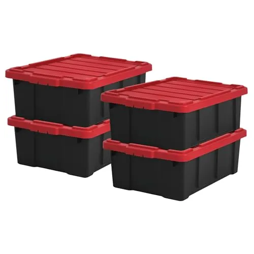 Iris Ohyama Heavy Duty Organisation Boxes, 43L, 4er-Set, Rot, Groß, Robust, Stapelbar, Aufbewahrungsbox, Für Garage, Regale, Umzug, Plastik, Utility, Werkzeugkiste, DDSKT-430